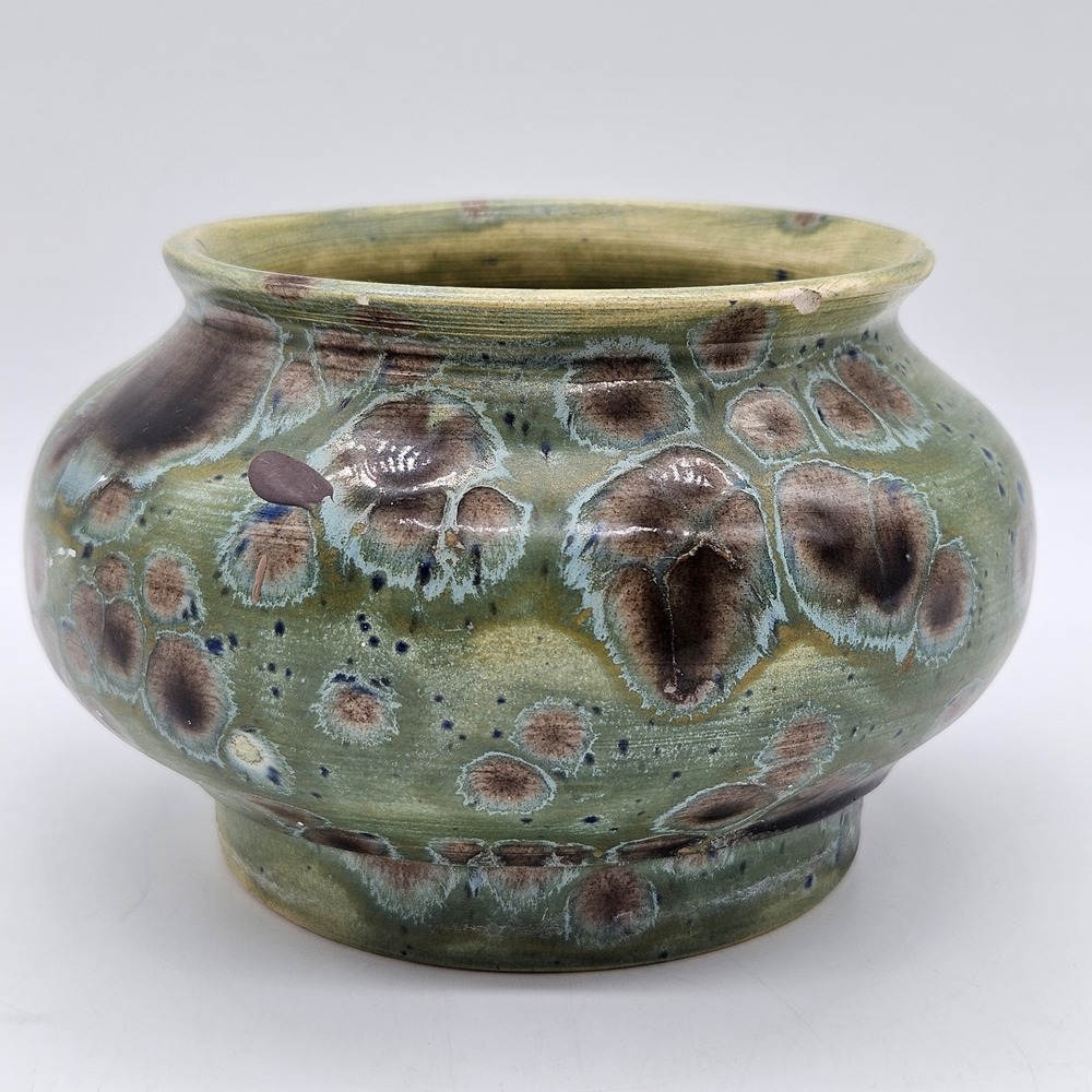 VTG Studio Pottery Crystalline Glaze Small Vase Pot Green Blue Brown Signed